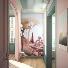 the hallway is painted in pastel colors and has an art work on the wall