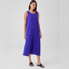 New With Tag Color: Blue Violet Simple And Elegant. An Effortless Scoop Neck Dress Teaturing Pockets And Princess Seams. In Our Signature Silk Georgette Crepe, Perfect Day Or Night. Style No. F3gc1-D5130 Close At The Shoulders, Wider At The Hem. A Silhouette That Fits The Body With Ease Scoop Neck, Sleeveless. Princess Seams With On-Seam Pockets Light, Fluid And Versatile. Silk With A Subtly Textured Matte Surface That We've Counted On Since 1999. Machine Wash Cold. Made In China. 100% Silk Blue Midi Length Slip Dress For Summer, Blue Midi Slip Dress For Summer, Blue Sleeveless Slip Dress For Beach, Blue Knee-length Slip Dress For Spring, Blue Summer Slip Dress For Daywear, Blue Slip Dress For Summer Daywear, Blue Viscose Maxi Dress For Summer, Chic Blue Viscose Midi Dress, Chic Blue Slip Dress For Summer