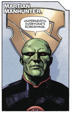 a comic book page with an image of a green man in the center and a speech bubble above it