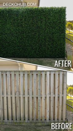 the before and after shots of a fence that has been trimmed with wood planks