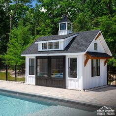 a small pool house next to a swimming pool