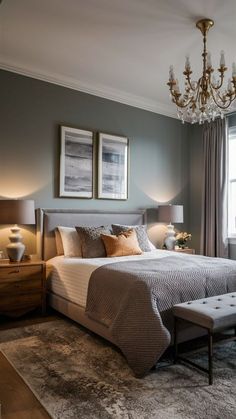 a bedroom with a large bed and chandelier hanging from the ceiling in front of two windows