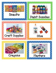 four different types of craft supplies are shown in this set, including crayons, paint supplies, and markers