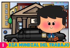 a cartoon character is standing in front of a black car with the words dia municipal del tarabao on it