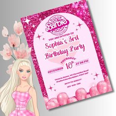 a barbie doll birthday party with pink sparkles and flowers on the head is shown