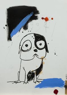 a drawing of a dog with glasses on it's face sitting in front of a blue and black background