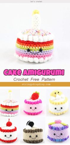 the crochet cake amigurum is shown in different colors