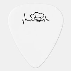 a white guitar pick with a drawing of a chef's hat and heartbeat on it