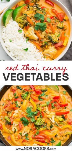 red thai curry vegetables and rice in a bowl