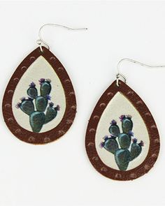 Teardrop-shaped earrings. Cactus print design. Dotted frame outline. Earring wire hook backing. Country Accessories, Small Leather Backpack, Time Jewelry, Arrow Jewelry, Western Gifts, Boot Barn, Earring Wire, Exotic Fashion, Leather Decor