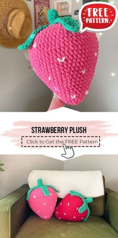 a crocheted strawberry hat with two strawberries on it and the text, free pattern