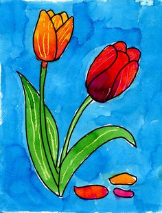 a drawing of two tulips on a blue background