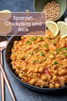 spanish chickpeas and rice in a black bowl