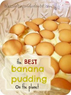 the best banana pudding on the planet is in a glass dish with white icing