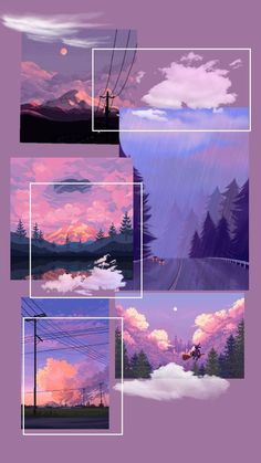 the sky is pink and purple with clouds in it, and there are four different frames