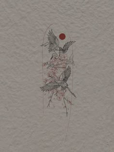 two birds are flying in the air with red circles above them and on top of white paper