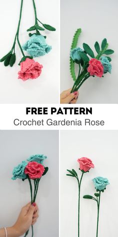 crochet gardenia rose is shown in four different stages