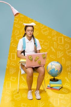 Portrait of schoolgirl on a memphis background Free Photo | Free Photo #Freepik #photo #freebackground #freevintage #freeschool #freeabstract Graduation Pic, Creative Shot, Graphic Design Ads, Student Girl, School Photos, Creative Ads, Ads Creative