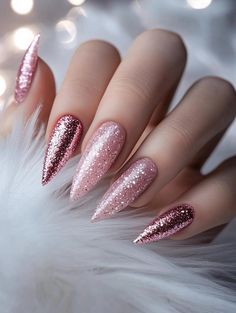 Light Pink New Years Nails, Pastel Pink Glitter Nails, January Nails Pink, Pink Witchy Nails, New Years Nails Pink, Pink Winter Nail Designs, Sugar Plum Fairy Nails, Pink Christmas Nails Almond, Pretty Birthday Nails