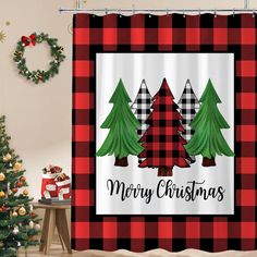 a christmas themed shower curtain with trees on it