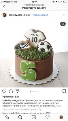 the cake is decorated with soccer balls and grass