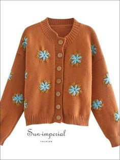 Orange Vintage Buttoned Cardigan with Floral Embroidery detail Women Casual Knitted Sweater top Simple Motif, 90 Style, Flower Sweater, One Flower, Cardigan Sweater Coat, Button Sweater, Orange And Turquoise, Long Sweaters Cardigan, Button Cardigan