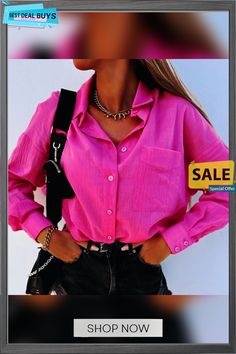 Women's Shirt Blouse Black White Fuchsia Plain Button Pocket Long Sleeve Daily Weekend Streetwear Casual Shirt Collar Regular S Pink Long Sleeve Solid Color Shirt, Summer Pink Blouse With Pockets, Pink Solid Color Collared Top, Casual Pink Solid Color Blouse, Pink Solid Color Button-up Shirt, Pink Solid Color Shirt For Spring, Pink Solid Color Shirt For Workwear, Pink Workwear Tops With Pockets, Pink Collared Top