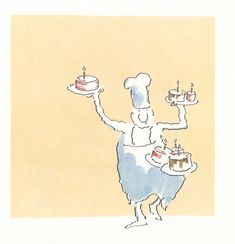 a drawing of a person holding two cakes on trays with candles in each hand