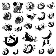 the silhouettes of cats and moon in black on white