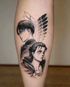 a tattoo on the leg of a person with an angel wing and two other people's faces