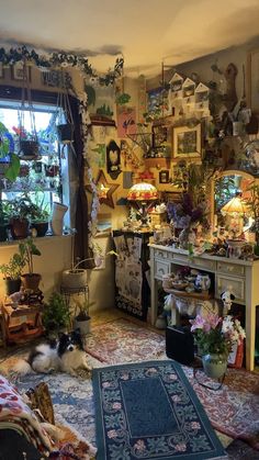 a living room filled with lots of plants and decor on the walls, windows, and rugs