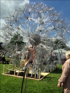 a woman standing next to a giant metal dandelion in the grass with people looking at it