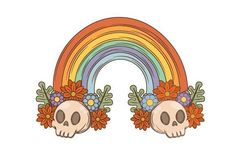 two skulls with flowers in their hair and a rainbow on the other hand drawn illustration