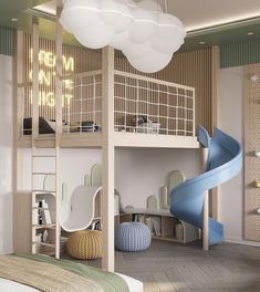 a bedroom with a spiral staircase and children's play area