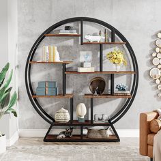 a living room with a large circular shelf on the wall