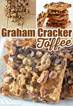 graham cracker toffes are stacked on top of each other with chocolate chips