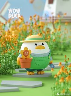 a cartoon character holding a potted flower in front of some yellow flowers and the words wow duck on it