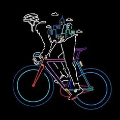 a drawing of a man riding a bike with city lights in the backgroud