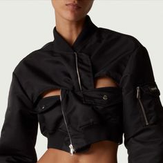 Black Coperni Cut-Out Cropped Shell Bomber Jacket. New With Tags Us4/F36. Featuring Front Zip Closure And Elastic Cuffs As Well As Front Cut-Out Details And Two Side Pockets. Can Be Worn Twisted Or Like A Regular Crop Jacket. Edgy Cropped Outerwear With Pockets, Warriors Jacket, Maroon Leather Jacket, Maroon Leather, Nike Air Max Tn, Pink Bodycon Dresses, Purple Sweater, Boys Jacket, Crop Jacket