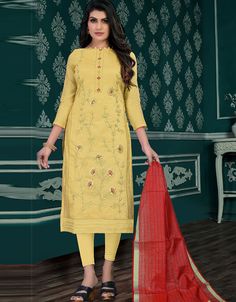 Classic Trendy Designer Salwar Suit Processing Time : 10-12 Business Days Work : Embroidery Work  Fabric:Top : Modal Chanderi Bottom : Santoon Dupatta : Art Silk Fancy Fabric Color:Top : Yellow Bottom : Yellow Dupatta : Red Churidar Models, Different Sleeves Style, Yellow Dupatta, Fancy Fabric, Yellow Embroidery, Trouser Suit, Salwar Suits Online, Utsav Fashion, Designer Salwar Suits