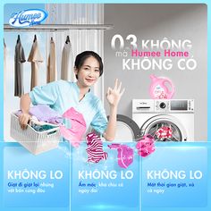 an advertisement for the korean laundry company with a woman in front of her washing machine