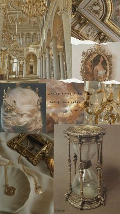 a collage of photos with gold and white items in the middle one has an ornate clock on it