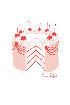 a drawing of a cake with cherries on the top and one slice cut out