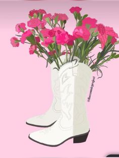 a pair of white cowboy boots with pink flowers in them on a pink and black background