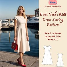 the boat neck midi dress sewing pattern is available in sizes s - 3xl