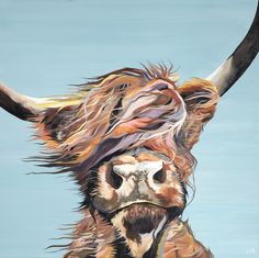 a painting of a cow with very long horns and hair blowing in the wind, against a blue background