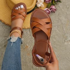 Faster shipping. Better service Cute Summer Sandals, Casual Beach Sandals, Sandals Patterns, Summer Flats, Womens Sandals Flat, Brown Sandals, Casual Sandals, Ankle Straps, Fashion Flats