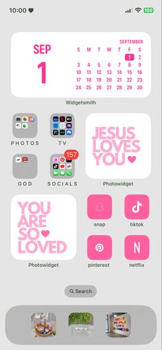 a calendar with pink and white stickers on the front, and an image of jesus loves you