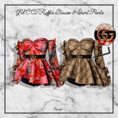 two women's dresses are shown on a white marble background with the words gucci and