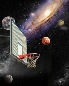 an artist's rendering of a basketball hoop in space with planets and stars around it